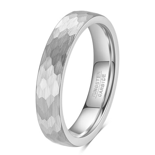 4-6mm Hammered Tungsten Wedding Band Matte for Men and Women | Matte Brushed Finish, Scratch and Fade Resistant, Engraved Faceted Pattern, Dome Profile, 4mm/6mm/8mm, Sizes 6–12 - color: 4mm Hammered Silver
