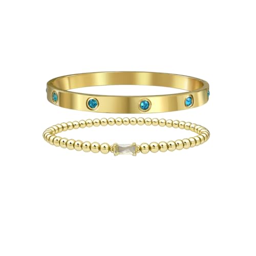 18K Gold Plated Blue Crystal Bangle Bracelet Set for Women, Stackable Adjustable Tennis Bracelet, Elegant Luxury Jewelry for Wedding, Cocktail Party, Anniversary and Formal Occasions