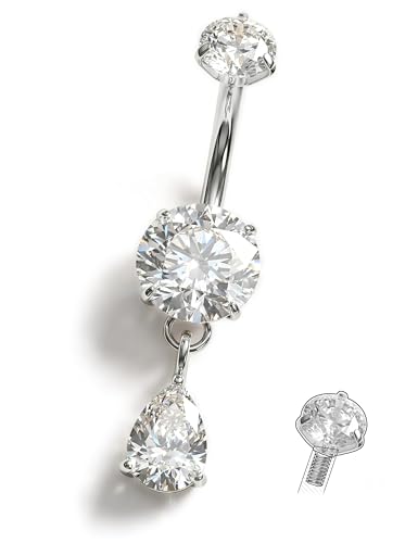 Jstyle G23 Titanium Belly Button Rings for Women 14G Internal Threaded | 14G Dangling Navel Ring, Hypoallergenic Belly Button Bar with Spacking AAAAA+ Cubic Zirconia, 10mm Bar Length Belly Piercing - color: Silver Plated: Teardrop