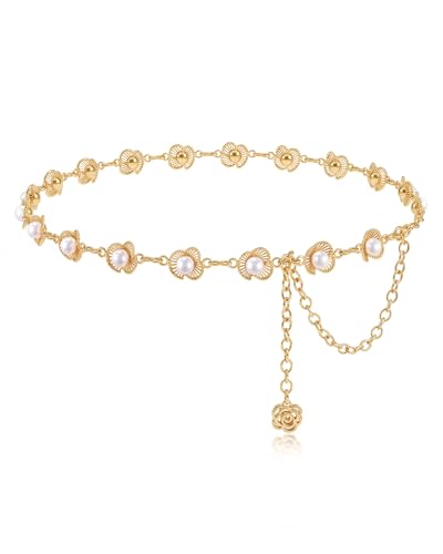 Chain Belt for Women Fashion Metal Waist Chain Belt for Dress Jeans - size: Fit Waist Up to 45'', style: Gold-pearl