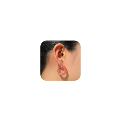 Wellike Beaded Hoop Earrings for Women Natural Stone Pink Gold Huggie Earrings Hypoallergenic Dainty Waterproof Trendy Jewelry - color: Rose Pink, size: 30mm