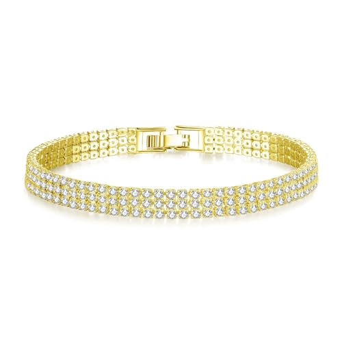 Gold Tennis Bracelets for Women 3-Row Rhinestone Stackable Bangle Bling Zirconia Crystal Silver Chain Dainty Cuff Flexible Fashion Jewelry for Wife Anniversary Mom Her Birthday Gifts - color: Gold