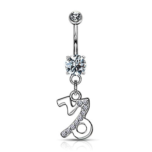 Forbidden Body Jewelry Surgical Steel CZ Jeweled Zodiac Sign Dangle Belly Button Ring - style: Capricorn
