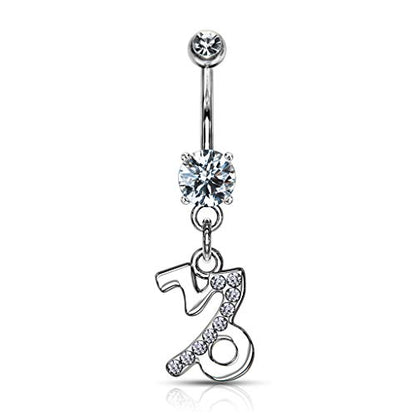 Forbidden Body Jewelry Surgical Steel CZ Jeweled Zodiac Sign Dangle Belly Button Ring - style: Capricorn
