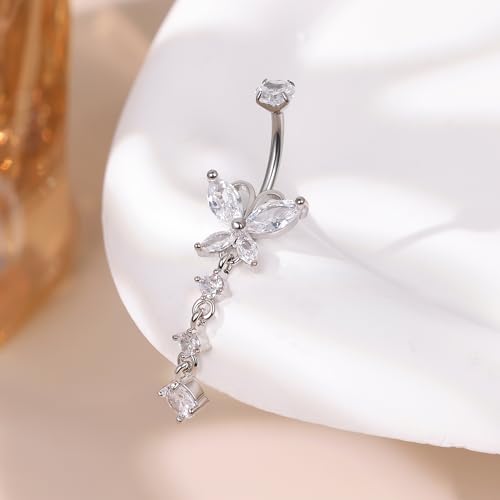 14G G23 Titanium Dangle Belly Button Ring for Women Dangling Belly Rings CZ Butterfly Teardrop Navel Rings Internally Threaded Curved Barbell Navel Piercing Jewelry - color: Silver-2