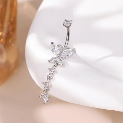 14G G23 Titanium Dangle Belly Button Ring for Women Dangling Belly Rings CZ Butterfly Teardrop Navel Rings Internally Threaded Curved Barbell Navel Piercing Jewelry - color: Silver-2