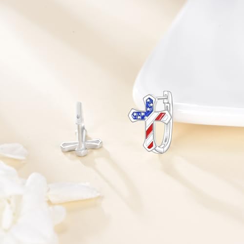 Blue Evil Eye/Celtic/Owl/Moonstone/Paw Print/Cubic Zirconia Hoop Earrings for Women 925 Sterling Silver Women Earrings Jewelry - style: American Flag