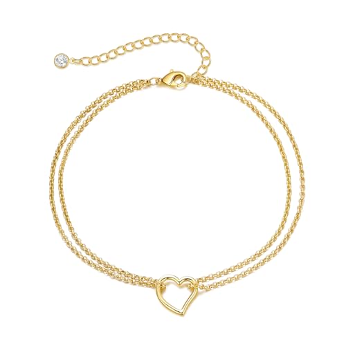 NIXMAX Gold Anklets for Women, Waterproof Chain Trendy Ankle Bracelets | Non Tarnish, Adjustable Fit, 14K Gold Plated, Dainty Layered Looks, Summer Beach Vacation Body Jewelry, Gifts for Women - color: Gold-Heart