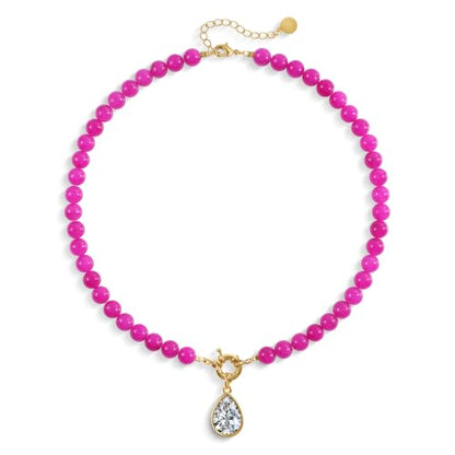 Beaded Gemstone Necklaces for Women Boho Beaded Choker Necklace | CZ Diamond Water Drop Pendant Necklace Natural Stone Jewelry Gifts - color: Rose