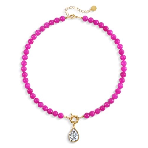 Beaded Gemstone Necklaces for Women Boho Beaded Choker Necklace | CZ Diamond Water Drop Pendant Necklace Natural Stone Jewelry Gifts - color: Rose