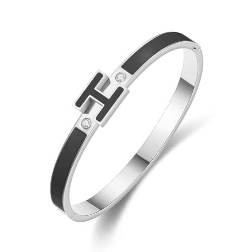 Gold Bracelets for Women, H Bangle Bracelet, Dainty 18K Gold Plated Stainless Steel Enamel Bracelet for Everyday, Work, Party, Stackable Gift for Mom, Wife, Girlfriend - color: Silver-Black