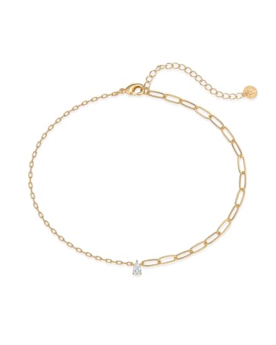 PAVOI 14K Gold Plated Anklet for Women - Trendy Link Chain Ankle Bracelet Summer Jewelry - Boho Dainty Anklets with Cubic Zirconia, Beaded, Evil Eye, Star, Station, Pearls Adjustable Gold Jewelry - style: Solitaire