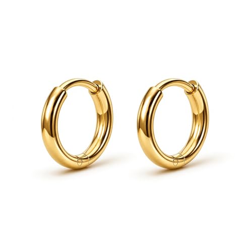 Surgical Steel Huggie Hoop Earrings & Flat Back Studs for Women Men, 6mm-14mm Small Hoops for Cartilage Helix Tragus Lobe, 1-10 Pairs Multiple Piercing Jewelry Set for Sensitive Ears - style: 1Pair,Gold,7mm(THK:2mm)