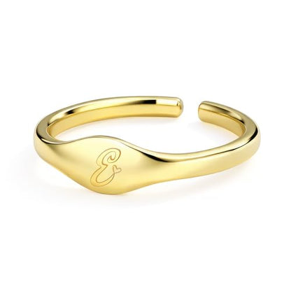 Initial Rings for Women Men - Dainty 14K Gold Plated Signet Rings, Open Adjustable Letter & Heart Ring Jewelry, Christmas Stocking Stuffers Birthday Gifts for Women - style: E