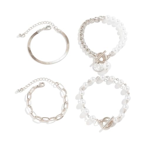 Gold Silver Beaded Pearl Bracelets Stacked for Women Coin Chain Accessories | Statement Stack OT Buckle Bracelet, Charm Stackable Pearls Coins Drop Paperclip Link, Fashion Layered Prom Party Jewelry Gift - color: Silver