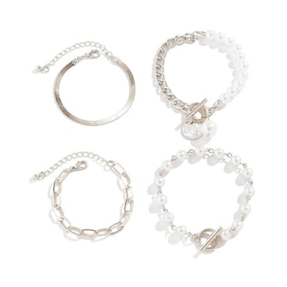 Gold Silver Beaded Pearl Bracelets Stacked for Women Coin Chain Accessories | Statement Stack OT Buckle Bracelet, Charm Stackable Pearls Coins Drop Paperclip Link, Fashion Layered Prom Party Jewelry Gift - color: Silver