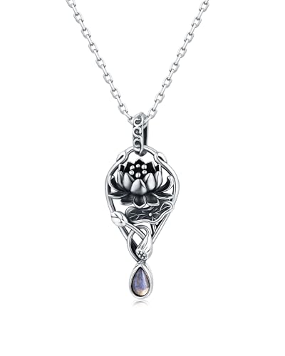925-Sterling-Silver Turquoise Dragonfly/Hummingbird/Compass/Anchor/Butterfly/Cross/Lotus Necklaces Vintage Boho Pendant Jewelry Victorian Christmas Birthday Gifts for Women - style: Lotus Moonstone Necklace