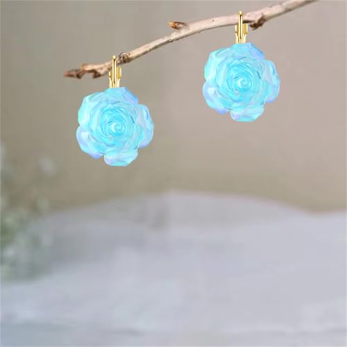 Handmade Bohemian Aesthetic Dainty Acrylic Flower Petal Leverback Earrings Sparkly 14K Gold Floral Dangle Drop Earrings for Women - color: Sky Blue