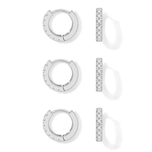 micuco 3 Pairs Small Hoop Earrings Tiny Cartilage Earrings for Women Men | Cubic Zirconia Earrings Huggie Hoop Ear Piercing Earrings for 8mm 10mm 12mm - color: 2# 14K White Gold Plated 8mm*3