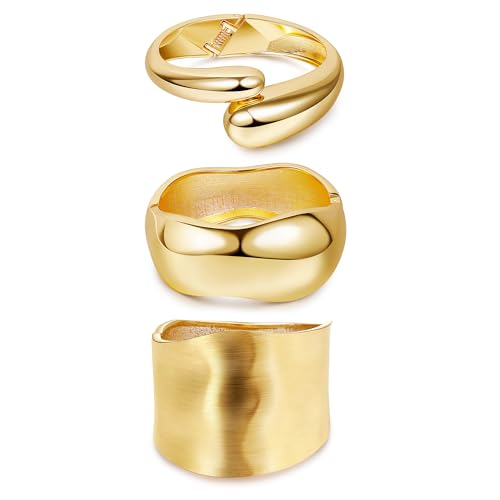 Chunky Gold Bangles Bracelets for Women, 14k Gold Plated Hinged Big Stackable Bangles Set, Trendy Wide Statement Cuff Bracelets Stack Fashion Jewelry Gifts - color: Gold-3pcs-Styles-3