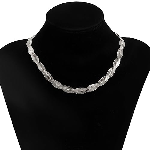 Gold Snake Chain Necklace Double Layer Twist Herringbone Choker Necklace Flat Herringbone Chain Necklace Layered Knot Snake Chain Collar Necklace Jewelry for Women Girls - color: Silver