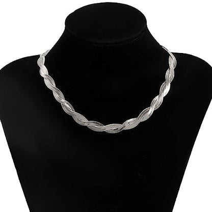 Gold Snake Chain Necklace Double Layer Twist Herringbone Choker Necklace Flat Herringbone Chain Necklace Layered Knot Snake Chain Collar Necklace Jewelry for Women Girls - color: Silver