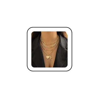 GYRMMUE 5 Pcs Chunky Gold Layered Necklaces Set for Women Heart Locket Coin Cross Pendant Necklaces Punk Hip Hop Charm Necklace Goddess Style Stacked Chain Necklace Christian Faith Jewelry - color: Gold
