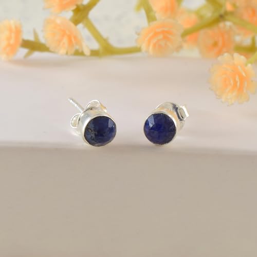 5 MM Natural Gemstone 925 Sterling Silver Hypoallergenic Studs Earrings Jewelry for Women Dainty Trendy Antiqued Silver Birthstone Earrings Jewelry Gifts for Women and Her - color: Blue Sapphire
