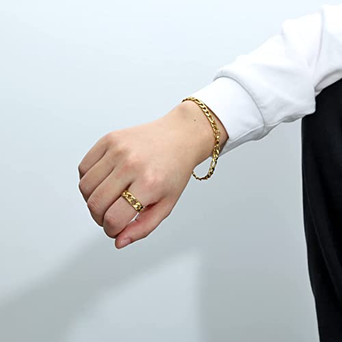 HZMAN Mens Stainless Steel 7mm Wide Band Cuban Link Chain Ring, Silver Gold Black - color: 7mm-Gold