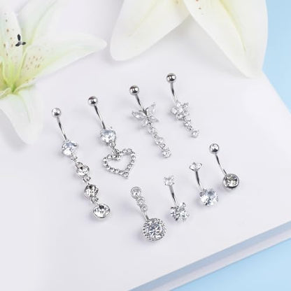 LEE&RO Belly Button Ring Dangle Stainless Steel Belly Rings 14G Belly Button Piercing Cute Navel Ring Belly Piercing Jewelry - style: 8Pcs-Silver