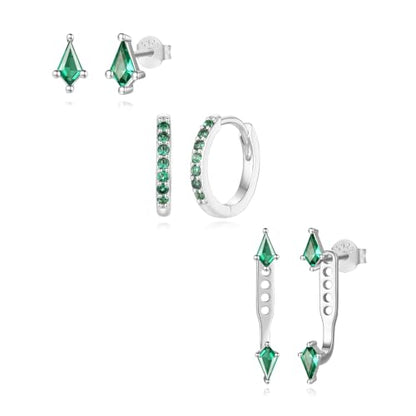 3 Pairs Stackable Kite Stud Earrings Set for Women Trendy | Dainty Birthstone Stud Gold & 925 Sterling Silver Huggie Hoop Jacket Stack Earrings for Women 2026 - color: Silver-Green Emeralde