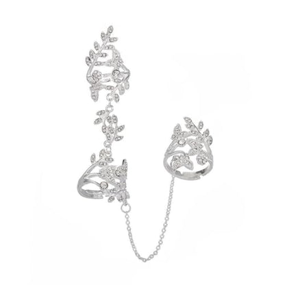 Rhinestone Finger Ring for Women Sparkly Crystal Butterfly Flower Leaf Adjustable Statement Chain Rings Punk Jewelry - color: Silver Leaf