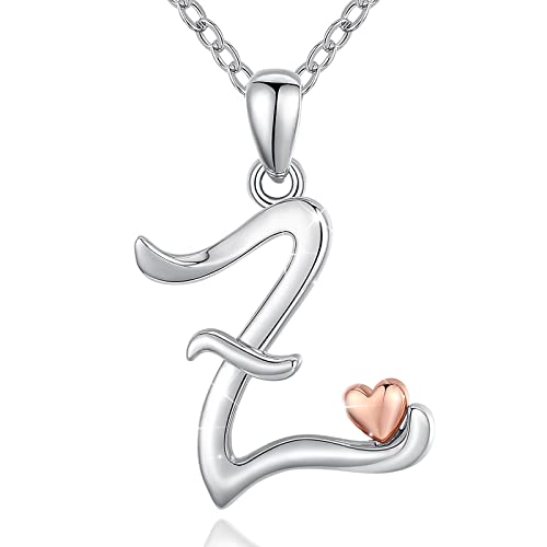 CELESTIA 925 Sterling Silver Initial Necklaces 26 Letter with Rose Gold Heart - 18 Inch Chain - color: Z-Initial