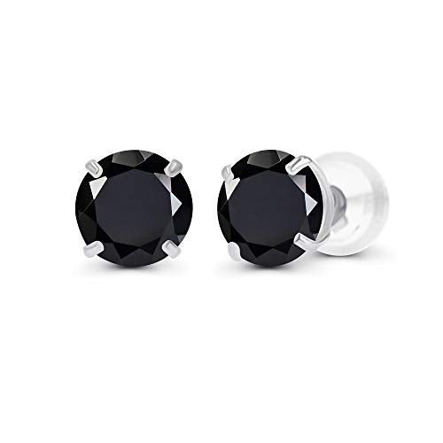 Solid 14K Yellow, White or Rose Gold 4mm Round Genuine Gemstone Birthstone Prong Set Stud Earrings For Women - color: Onyx