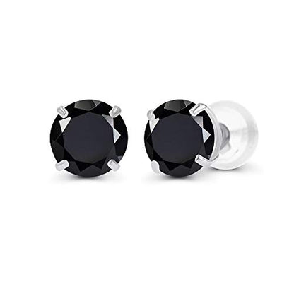 Solid 14K Yellow, White or Rose Gold 4mm Round Genuine Gemstone Birthstone Prong Set Stud Earrings For Women - color: Onyx