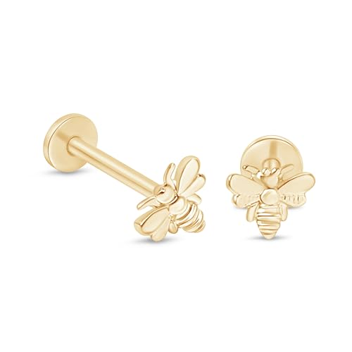 14K Solid Gold Cute Bumblebee Flat Back Stud Earring Internally Threaded Cartilage Earring for Helix, Tragus & Lobe Nose Ring Hypoallergenic Comfy Minimalist Stud Earring SINGLE or PAIR - color: F - Yellow Gold - Pair, size: Post Lenth: 8mm