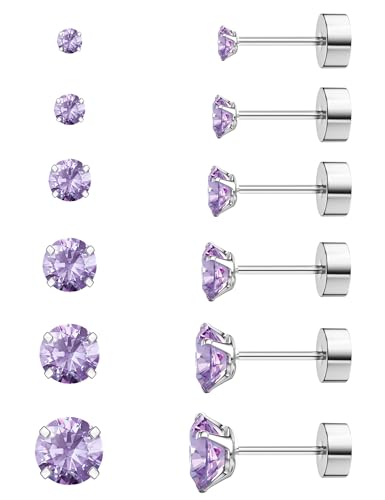 6 Pairs Hypoallergenic Cubic Zirconia Earrings Surgical Steel Flat Back Studs for Cartilage, Screw Back Fashion Jewelry - color: A-005-Light Purple