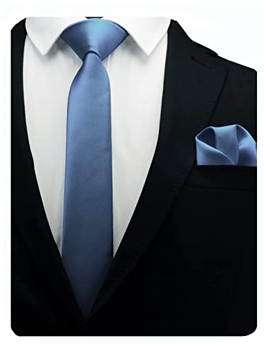 GUSLESON 2.4" Slim Necktie and Handkerchief Set For Men Solid Skinny Tie Set - color: Dusty Blue