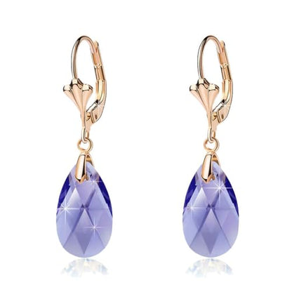 Austrian Crystal Teardrop Leverback Dangle Earrings for Women Fashion 14K Gold Plated Hypoallergenic Jewelry - color: Tanzanite