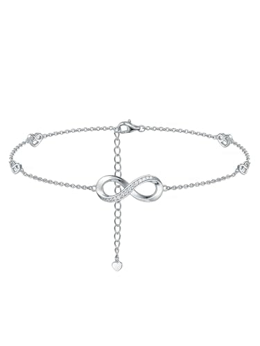 Moissanite Infinity Anklet for Women, Real Authentic 925 Sterling Silver Hypoallergenic, Beautiful Summer Jewelry, Dainty Ankle Bracelet, 8.6-10.6inch (21-26cm) Adjustable - color: Elegant Infinity - White Gold