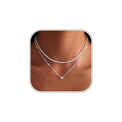 MIDEEO Gold Layered Necklaces for Women, 14K Plated Gold Sterling Silver Plated Dainty Pendant Non Tarnish Necklace Set with Cubic Zirconia,Stackable Chain Choker,Trendy Jewelry Gift
