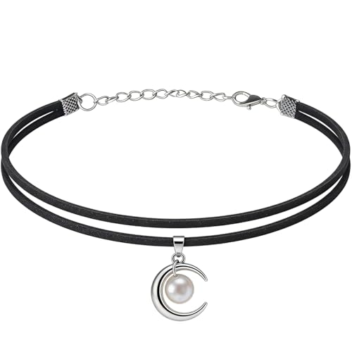 Black Choker for Women, Adjustable Layered Velvet Leather Lace Collar necklace, Goth necklace Gifts - color: Pearl Moon