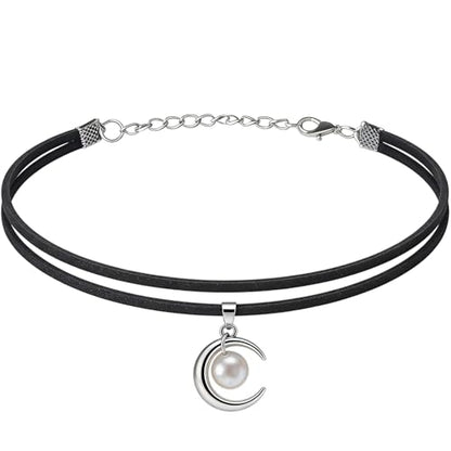 Black Choker for Women, Adjustable Layered Velvet Leather Lace Collar necklace, Goth necklace Gifts - color: Pearl Moon