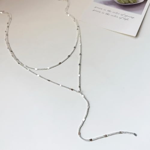 Luxval Lariat Gold Necklace for Women, Dainty Long Necklace 14k Gold Plated/Silver Y-Shaped Pendant Necklaces Trendy Beaded Chain Drop Necklaces Jewelry for Women Gifts - color: Silver-Y Layered Shinny Necklace