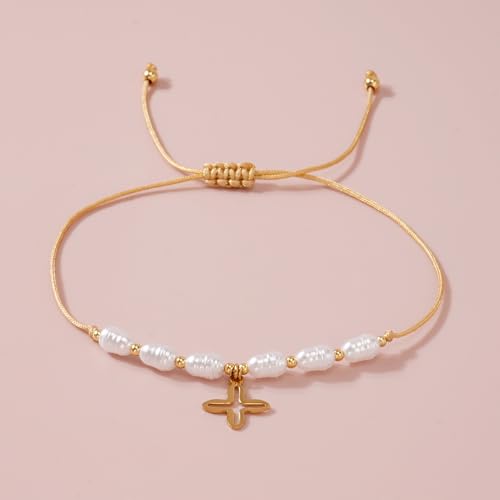 Boho Glass Seed Beaded Bracelets For Women, Handmade Romantic Gold Plated charm String Braided Rope Adjustable Jewelry, Summer Beach Daily Party Friendship Gift - color: Pearl Cross