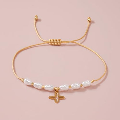 Boho Glass Seed Beaded Bracelets For Women, Handmade Romantic Gold Plated charm String Braided Rope Adjustable Jewelry, Summer Beach Daily Party Friendship Gift - color: Pearl Cross