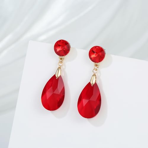 Round and Teardrop Crystal Stud Dangle Earrings Hypoallergenic Gold Plated Birthstone Drop Earrings Trendy Evening Prom Pageant Jewelry Gift for Women - color: red