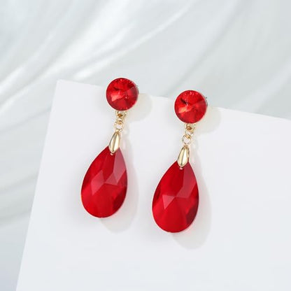Round and Teardrop Crystal Stud Dangle Earrings Hypoallergenic Gold Plated Birthstone Drop Earrings Trendy Evening Prom Pageant Jewelry Gift for Women - color: red