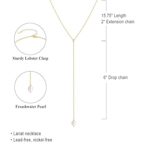 S.J JEWELRY Womens Handmade CZ Simple Delicate 14K Gold Plated/Rose Gold Plated/Silver Plated Lariat Simple Baton Adjustable Y Necklace - color: Y-2-Pearl