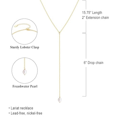 S.J JEWELRY Womens Handmade CZ Simple Delicate 14K Gold Plated/Rose Gold Plated/Silver Plated Lariat Simple Baton Adjustable Y Necklace - color: Y-2-Pearl